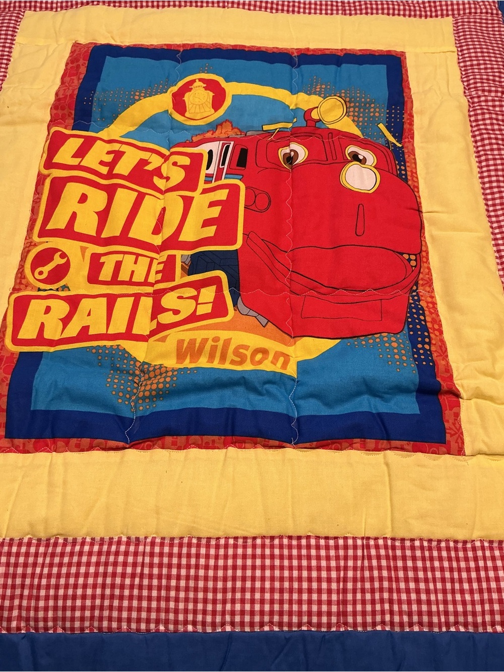Children's "Let's Ride the Rails" Train Quilted Throw - Red, Blue & Yellow - Picture 2 of 3